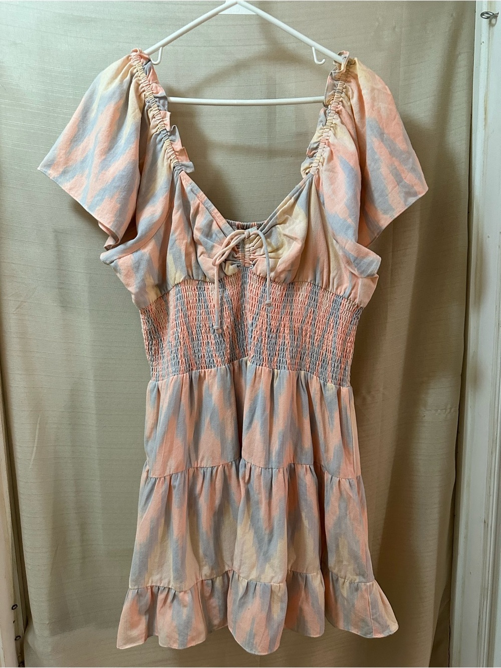Cleobella Pastel Smocked Mini Dress Cotton Puff Sleeve Tiered Boho Size L